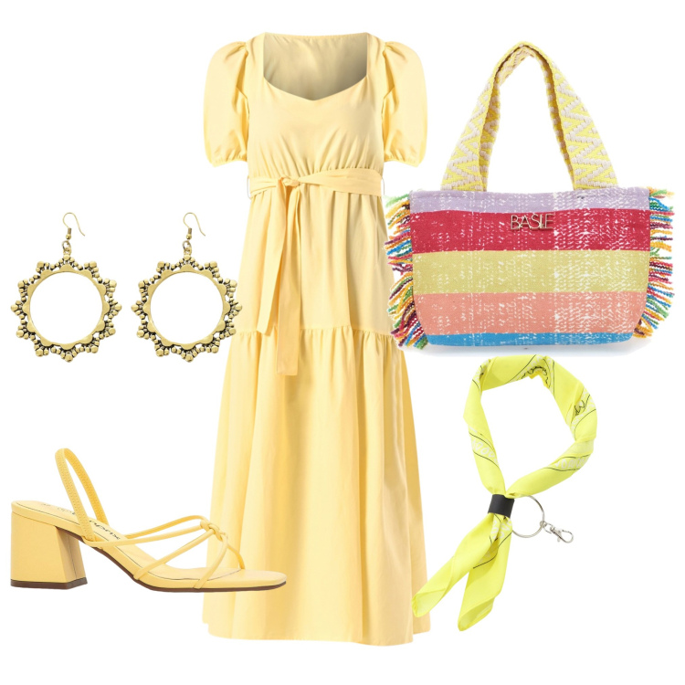 Outfit donna - Solare boho. Stile Boho per Mare. Abbinamento con sandali col tacco, foulard, orecchini, vestiti lunghi, pochette.