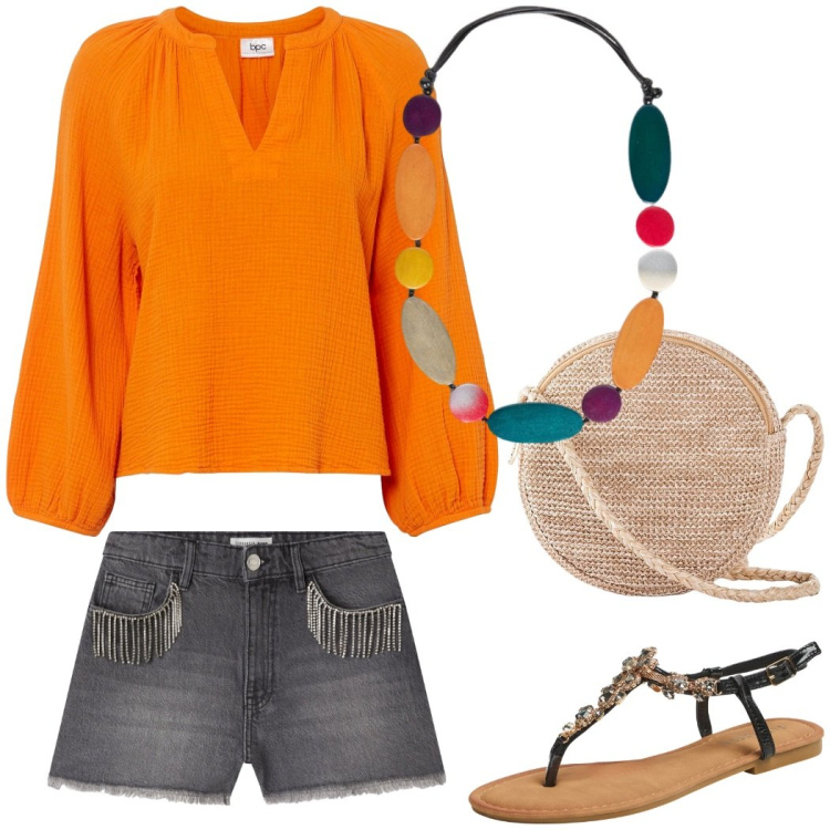 Outfit donna - La blusa estiva arancione. Stile Boho per Tutti i giorni. Abbinamento con bluse, borse a tracolla, shorts, sandali gioiello, collane.