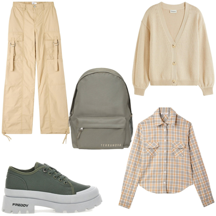 Outfit donna - Vacanze in montagna. Stile Casual per Tutti i giorni. Abbinamento con cardigans, zaini, pantaloni cargo, camicie, sneakers alte.