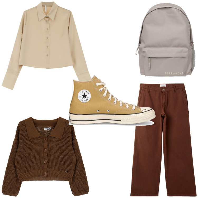 Outfit donna - Escursione in montagna. Stile Casual per Sport. Abbinamento con pantaloni, zaini, cardigans, camicie, sneakers.