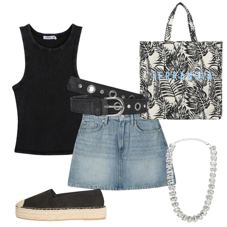 Outfit donna - Terranova in estate. Stile Trendy per Tutti i giorni. Abbinamento con minigonne, borse tote, collane, canottiere, cinture, espadrillas.