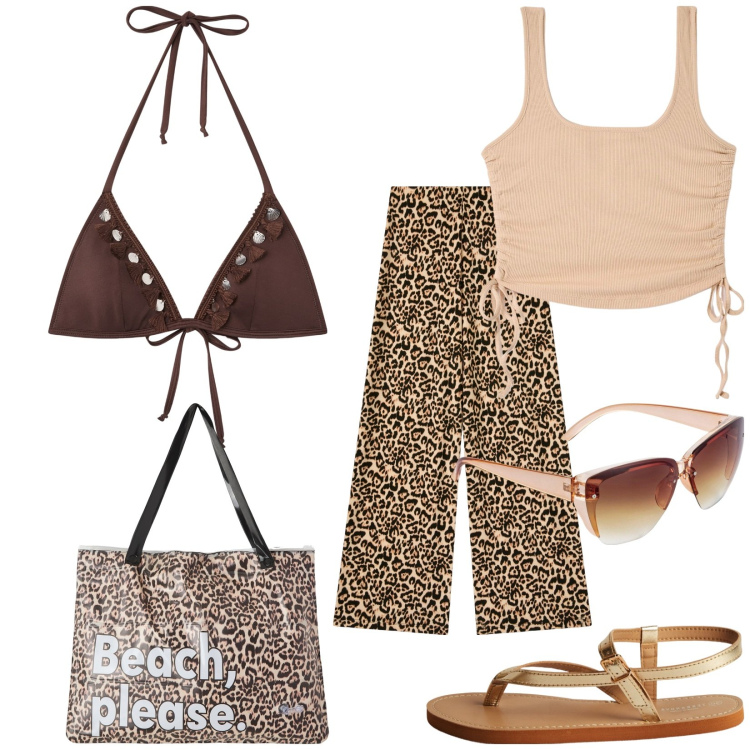Outfit donna - Total look #2214058. Stile Etnico per Mare. Abbinamento con occhiali da sole, canottiere, pantaloni, borse tote, bikini, ciabatte.