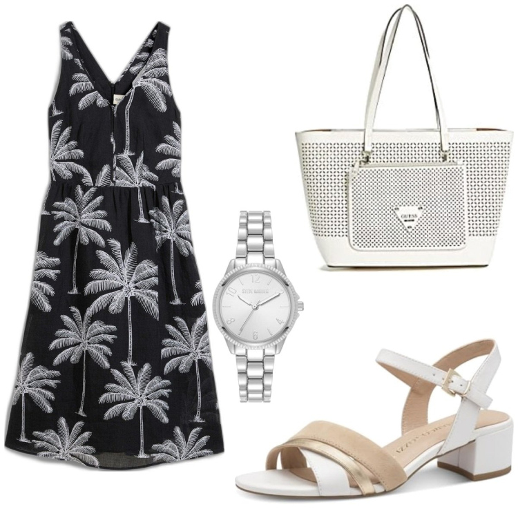 Outfit femme - Une robe classique pour le travail. Style Basique pour Bureau. Assortir avec robes mi-longues/au genou, sacs à main, sandales, montres analogiques.