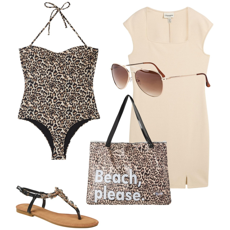 Outfit donna - Total look #2214065. Stile Trendy per Mare. Abbinamento con vestiti corti, occhiali da sole, costumi interi, borse tote, sandali gioiello.