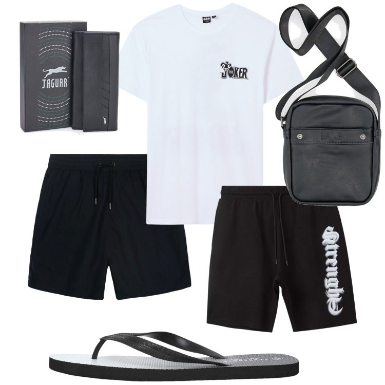 Outfit uomo - Total look #2214068. Stile Casual per Mare. Abbinamento con t-shirt, sandali, bermuda, portachiavi, borse sportive, costumi.