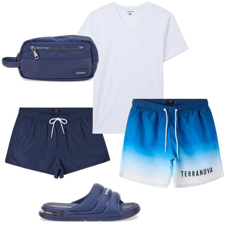 Outfit uomo - Total look #2214071. Stile Casual per Mare. Abbinamento con costumi, t-shirt, costumi, borse sportive, sandali.