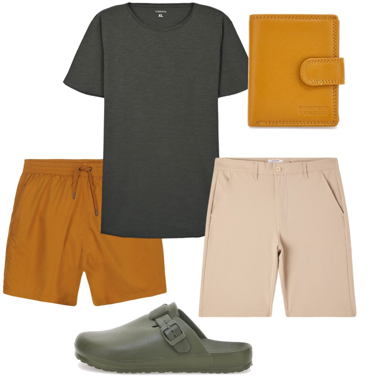 Outfit uomo - Basic per il Mare. Stile Casual per Mare. Abbinamento con pantaloni corti, t-shirt, portafogli, sandali, costumi.