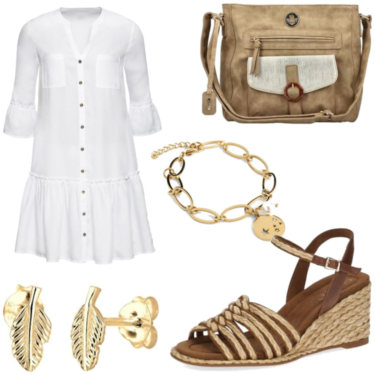 Outfit femme - Boho #2145. Style Boho pour Tous les jours. Assortir avec robes chemisier, bracelets, sacs en bandoulière, sandales à talon, boucles d'oreilles.