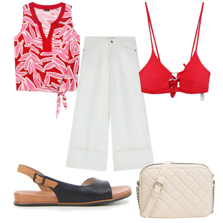 Outfit donna - Summer Holiday : top e pantaloni. Stile Trendy per Mare. Abbinamento con borse a tracolla, bikini, pantaloni, sandali, top.