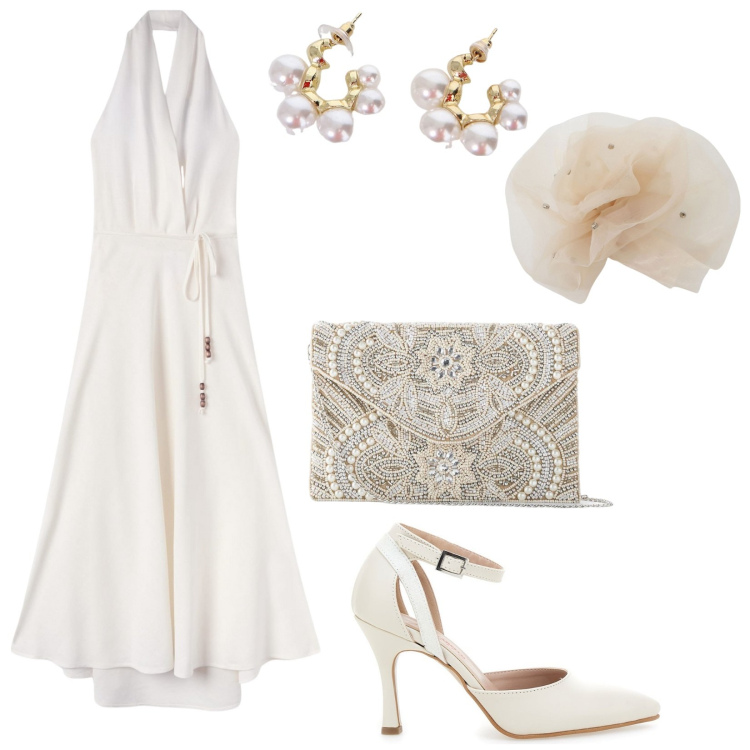 Outfit donna - Promessa di matrimonio. Stile Chic per Cerimonia. Abbinamento con pochette, vestiti lunghi, foulard, orecchini, décolleté.