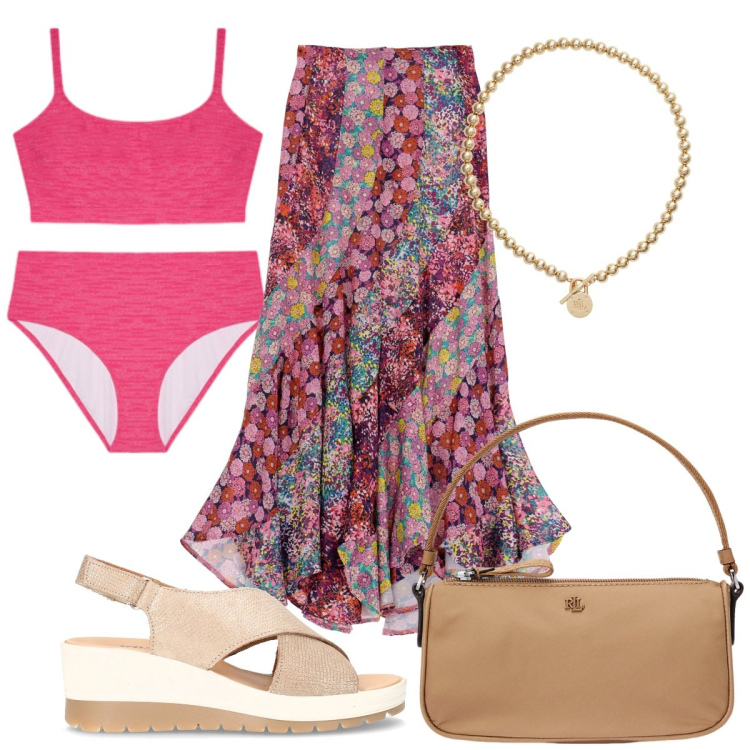 Outfit donna - Summer Holiday : boho. Stile Boho per Mare. Abbinamento con gonne lunghe, collane, pochette, bikini, sandali col tacco.