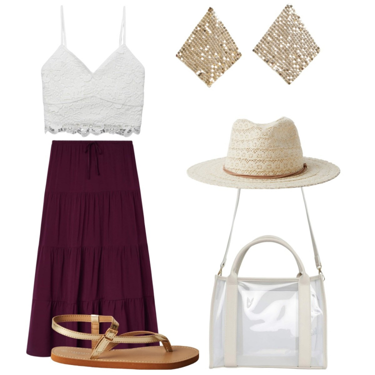 Outfit donna - Terranova -Vacanze in Riviera. Stile Casual chic per Mare. Abbinamento con borse tote, cappelli, canottiere, gonne lunghe, orecchini, ciabatte.