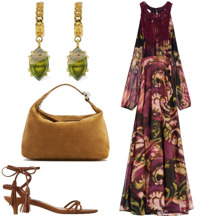 Outfit donna - Romantica passeggiata al tramonto. Stile Romantica per Serata fuori. Abbinamento con vestiti lunghi, sandali col tacco, orecchini, pochette.