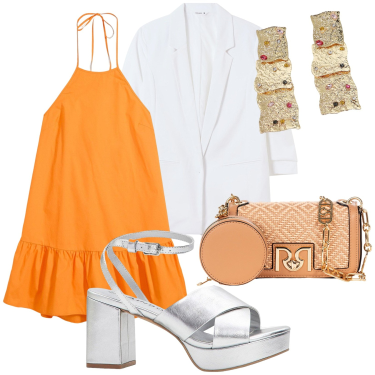 Outfit donna - Sfumature di Alba. Stile Romantica per Tutti i giorni. Abbinamento con vestiti corti, sandali col tacco, blazer, borse a tracolla, orecchini.