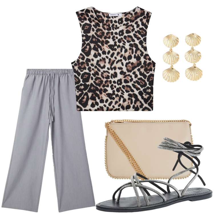 Outfit donna - Terranova - Vacanze in Riviera. Stile Minimal per Tutti i giorni. Abbinamento con top, pantaloni, sandali alla schiava, orecchini, borse a tracolla.