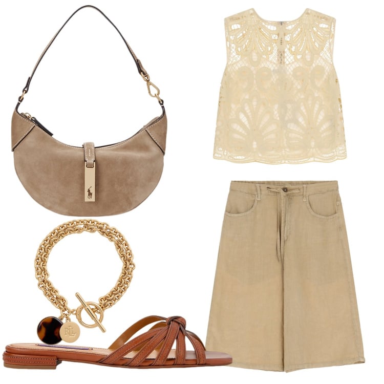 Outfit donna - Total look #2214123. Stile Casual chic per Tutti i giorni. Abbinamento con top, shorts, borse a spalla, braccialetti con ciondoli, sandali in pelle.