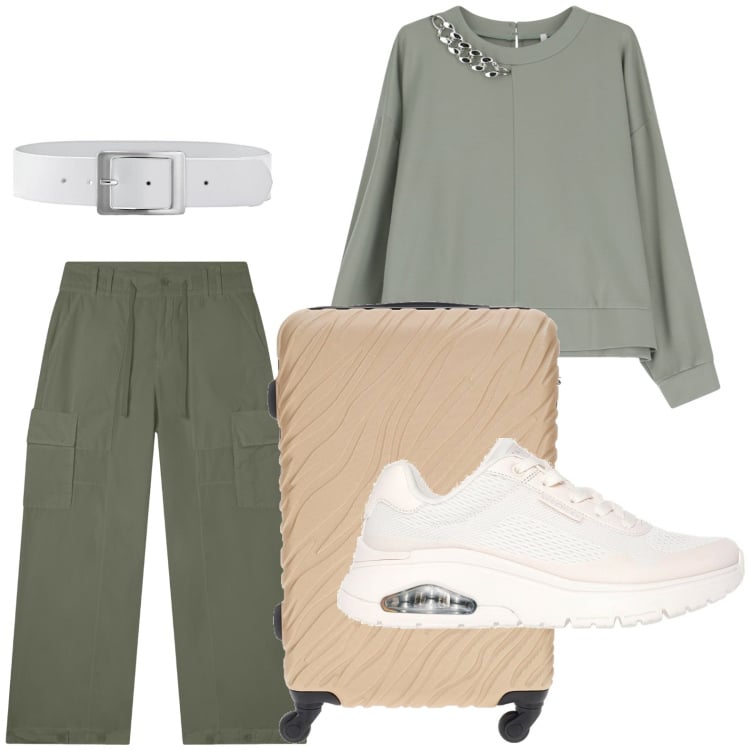 Outfit donna - In vacanza in montagna. Stile Minimal per Tutti i giorni. Abbinamento con cinture, felpe, pantaloni cargo, sneakers, valigie.