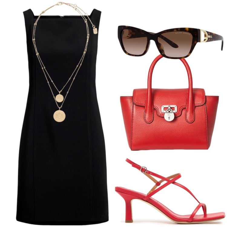 Outfit donna - Indispensabile tubino nero. Stile Chic per Tutti i giorni. Abbinamento con vestiti senza maniche, ciondoli, borse a mano, occhiali da sole, sandali in pelle.