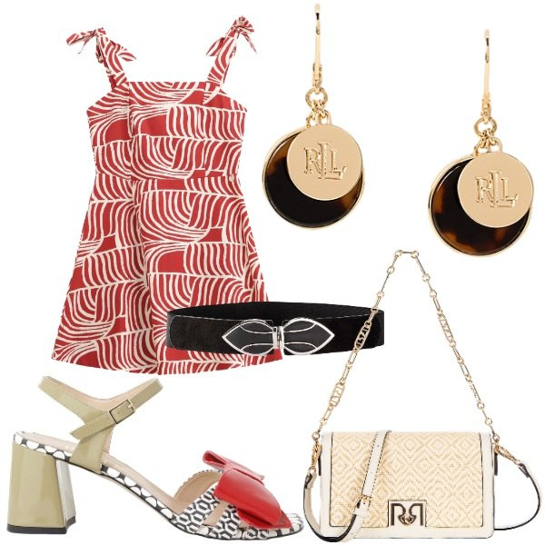 Outfit donna - vacanze estive. Stile Glamour per Tutti i giorni. Abbinamento con cinture, borse a tracolla, vestiti corti, sandali col tacco, orecchini.