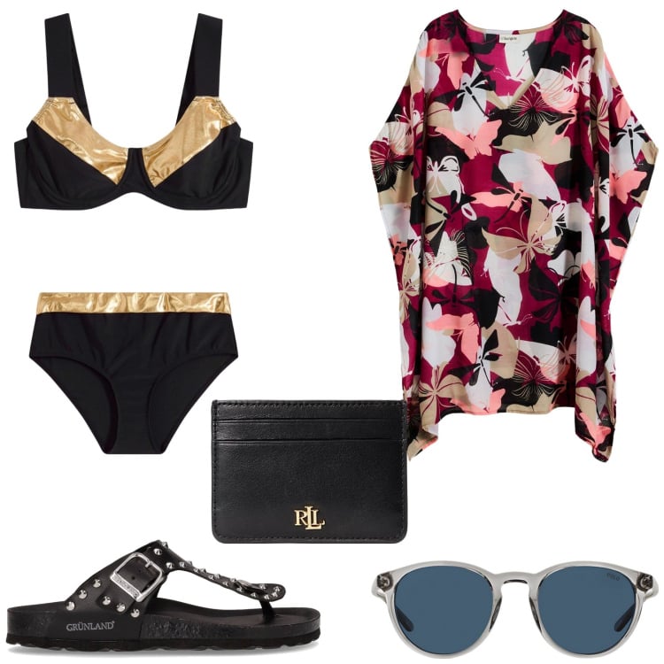 Outfit donna - Summer holiday. Stile Glamour per Mare. Abbinamento con vestiti da spiaggia, bikini, occhiali da sole, portafogli, infradito.