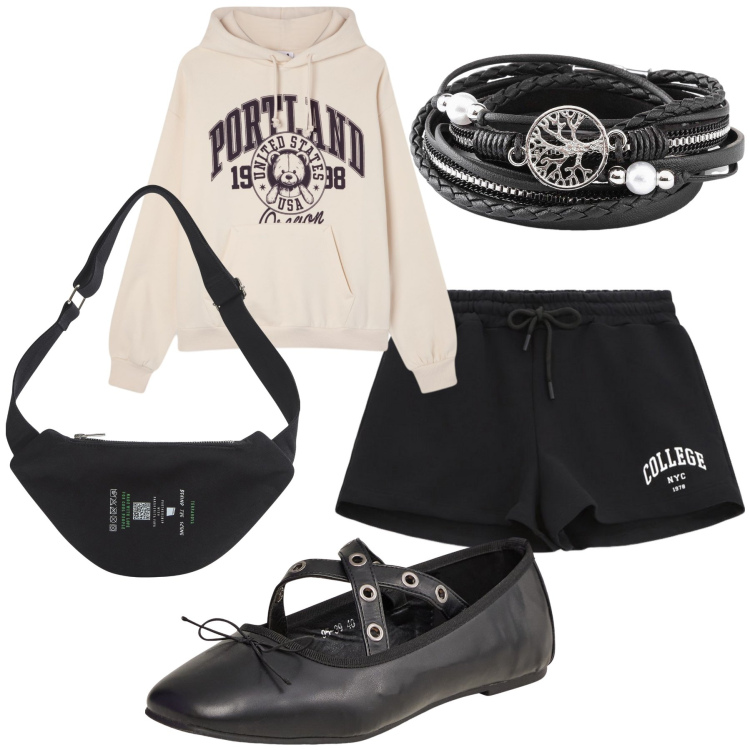 Outfit donna - I m preppy. Stile Preppy per Tutti i giorni. Abbinamento con braccialetti, ballerine, marsupi, felpe con cappuccio, shorts.