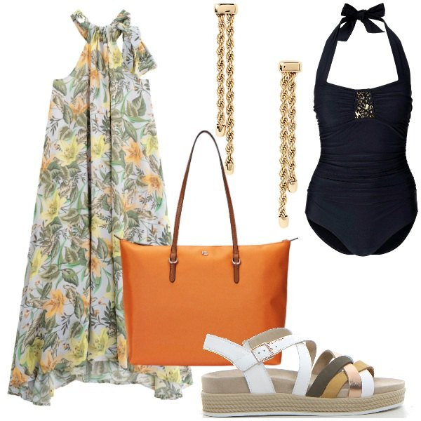 Outfit donna - Summer Holiday. Stile Chic per Serata fuori. Abbinamento con costumi interi, vestiti lunghi, borse tote, orecchini, sandali.