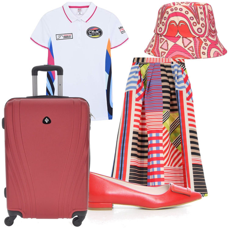 Outfit donna - Viaggio a colori. Stile Trendy per Tutti i giorni. Abbinamento con polo, gonne longuette, ballerine, cappelli, valigie.