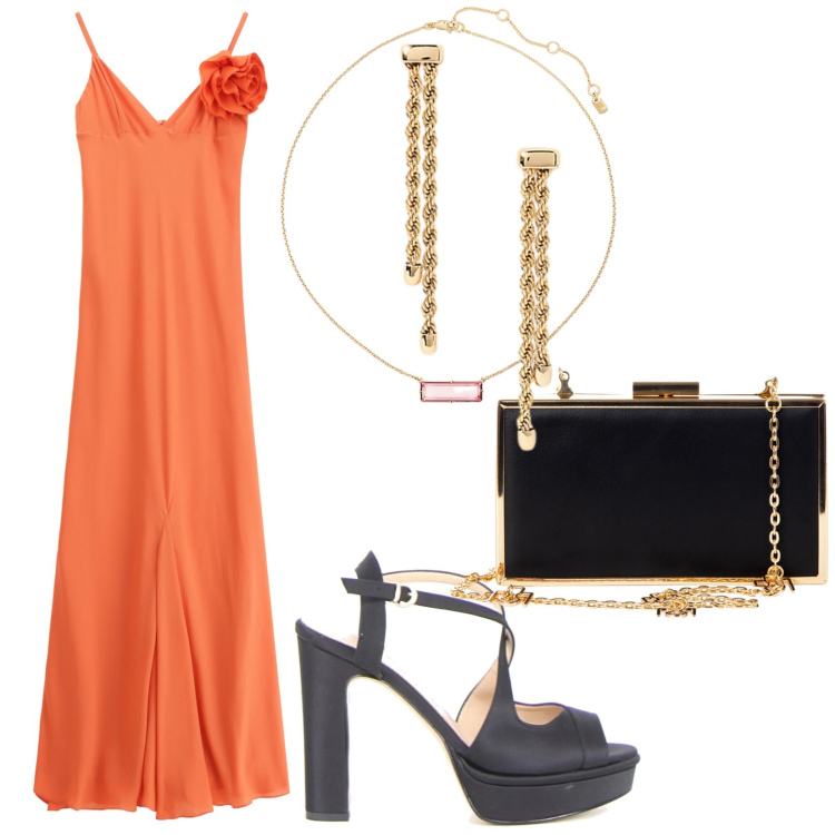 Outfit donna - Arancione chic. Stile Chic per Cerimonia. Abbinamento con pochette, vestiti lunghi, orecchini, collane, sandali col tacco.