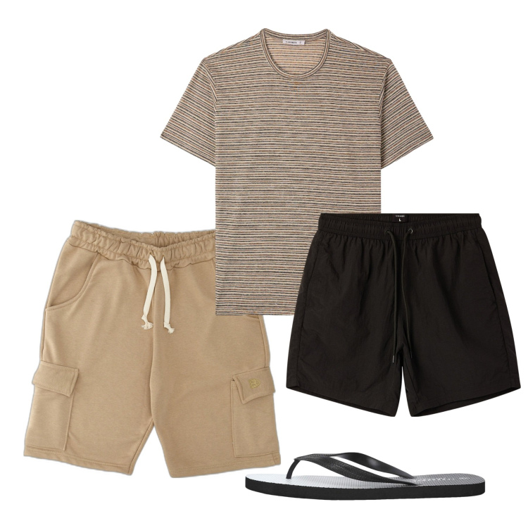 Outfit uomo - Decisamente agosto. Stile Casual per Mare. Abbinamento con sandali, costumi, t-shirt, pantaloni corti.