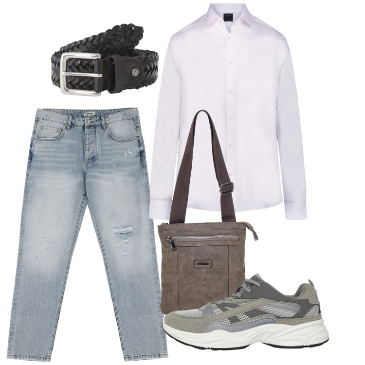 Outfit uomo - Agosto. Stile Casual per Tutti i giorni. Abbinamento con sneakers, jeans strappati, cinture, camicie, portafogli.