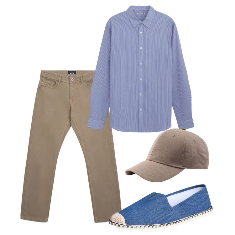 Outfit uomo - Agosto. Stile Casual per Tutti i giorni. Abbinamento con espadrillas, camicie, jeans, cappelli con visiera.