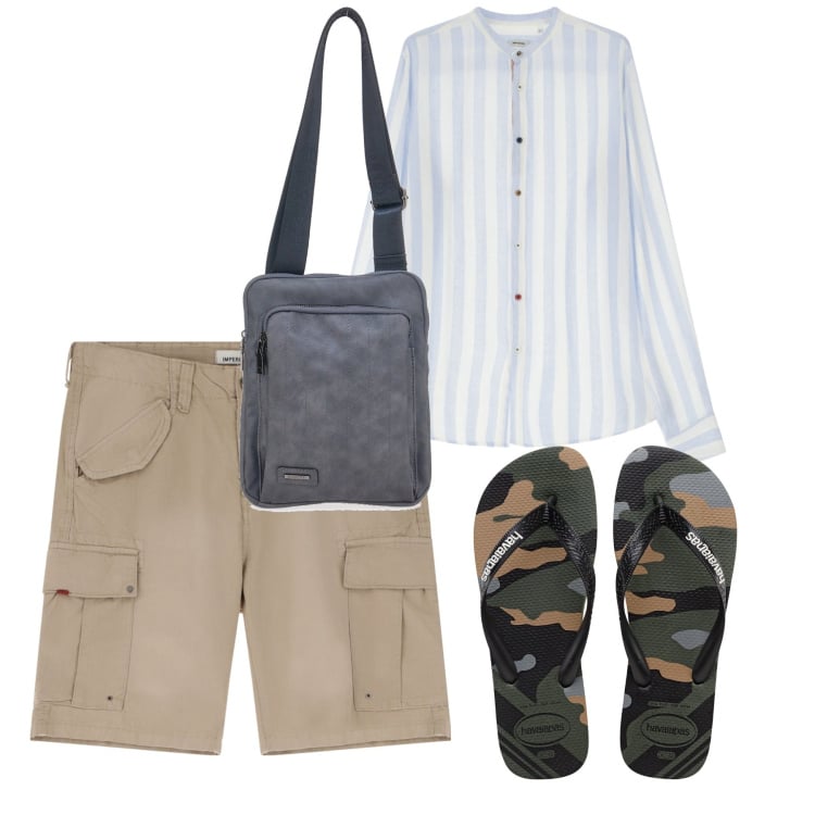 Outfit uomo - Leggero in città. Stile Casual per Tutti i giorni. Abbinamento con camicie, bermuda, portafogli, sandali.