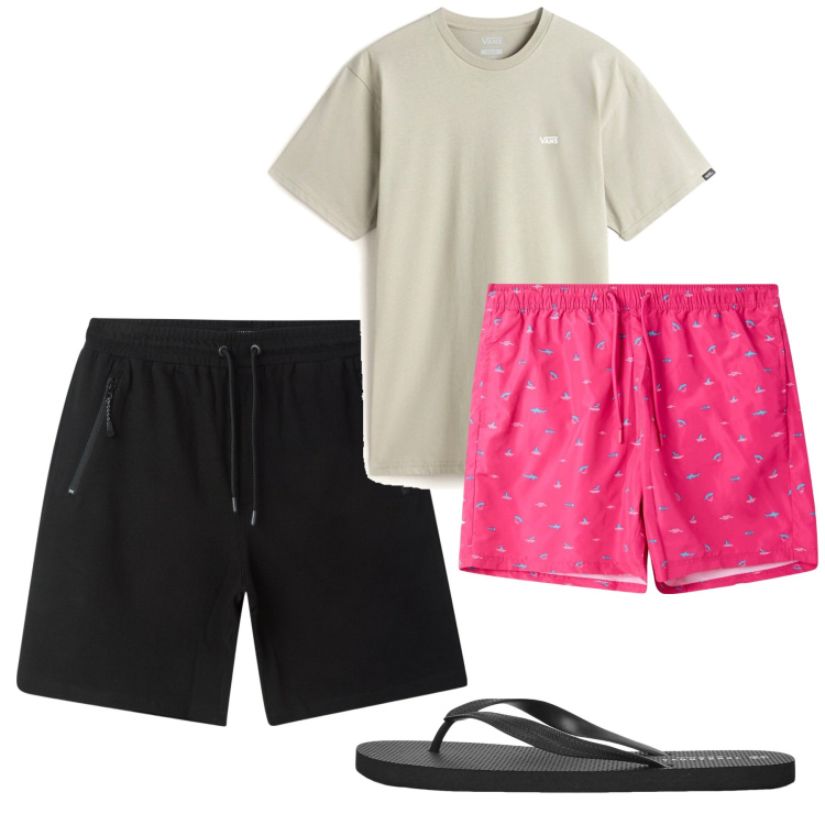 Outfit uomo - Agosto. Stile Casual per Mare. Abbinamento con bermuda, sandali, costumi, t-shirt.