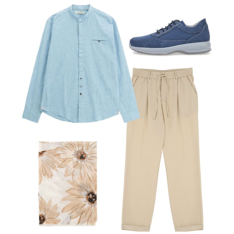 Outfit uomo - Camicia in lino oversize. Stile Casual per Tutti i giorni. Abbinamento con sciarpe e foulard, pantaloni, camicie, scarpe stringate.