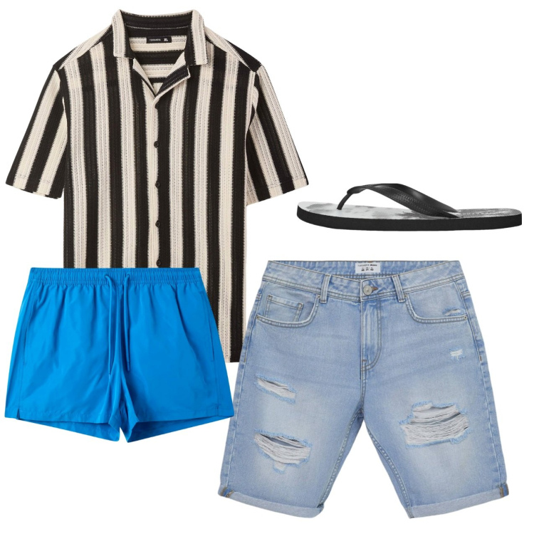 Outfit uomo - Al mare. Stile Casual per Mare. Abbinamento con bermuda, camicie a manica corta, costumi, sandali.