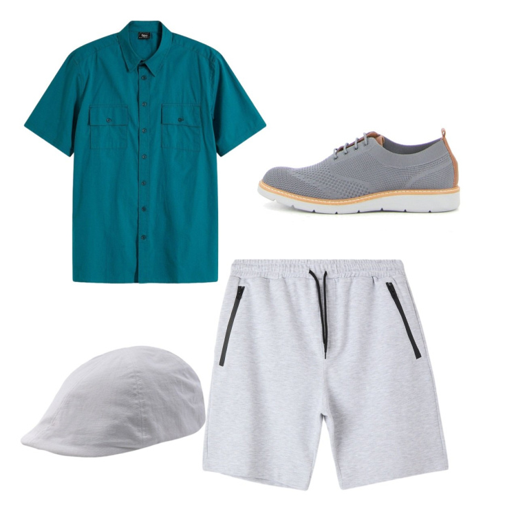 Outfit uomo - Passeggiata. Stile Casual per Tutti i giorni. Abbinamento con camicie a manica corta, bermuda, cappelli con visiera, scarpe stringate.