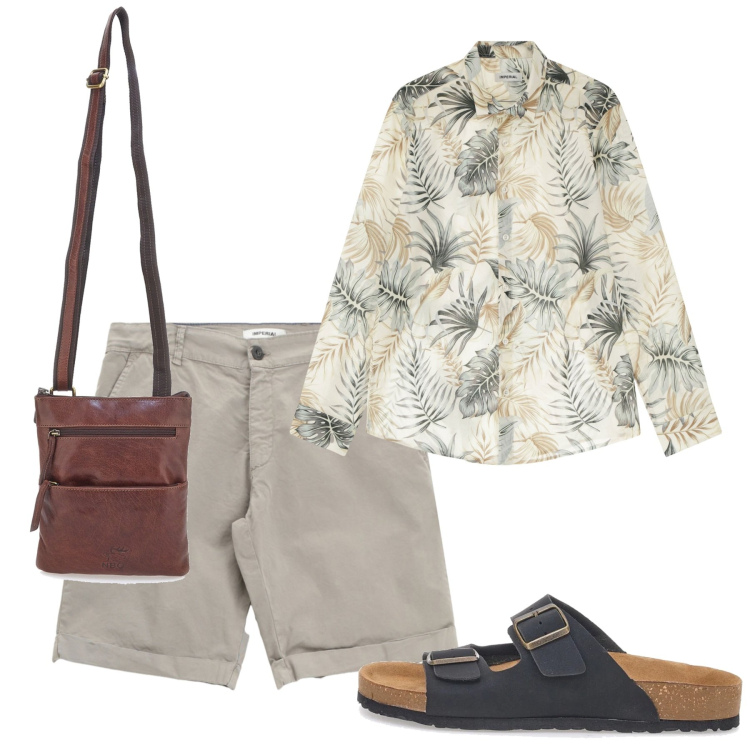 Outfit uomo - Agosto. Stile Casual per Tutti i giorni. Abbinamento con camicie, bermuda, portafogli, sandali.