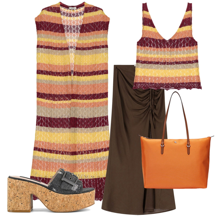Outfit donna - Arancione. Stile Casual chic per Serata fuori. Abbinamento con gonne lunghe, gilet, top, borse tote, sandali.