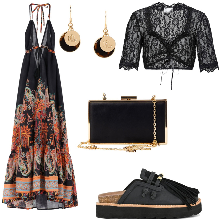Outfit donna - Eleganza rilassata. Stile Casual chic per Serata fuori. Abbinamento con camicie, pochette, vestiti lunghi, orecchini, sabot.