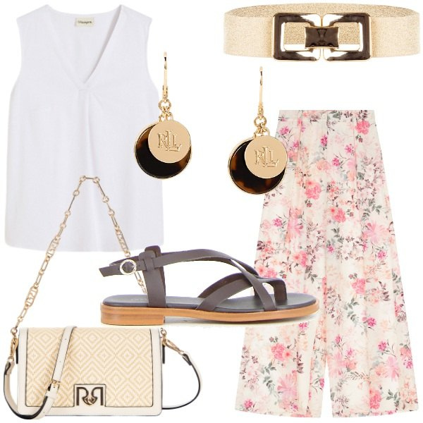 Outfit donna - Agosto. Stile Casual chic per Serata fuori. Abbinamento con top, cinture, borse a tracolla, pantaloni a palazzo, orecchini, sandali.