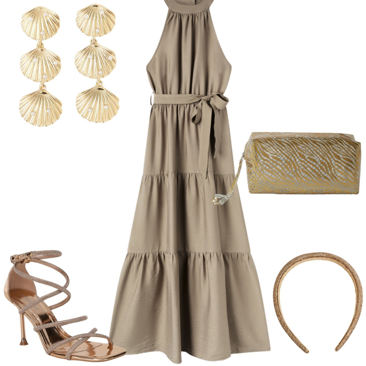 Outfit donna - Terranova. Stile Boho per Serata fuori. Abbinamento con sandali col tacco, orecchini, vestiti lunghi, cerchietti, pochette.