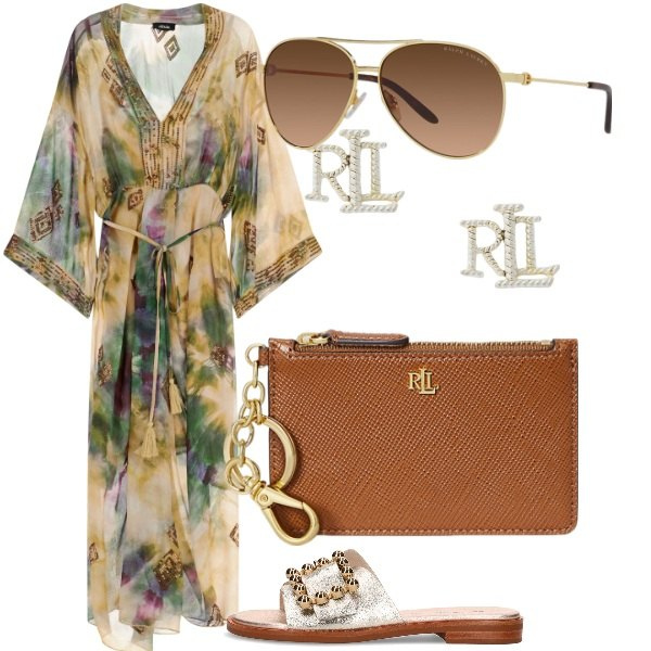 Outfit donna - aperitivo al tramonto. Stile Casual per Serata fuori. Abbinamento con vestiti lunghi, orecchini, portafogli, occhiali da sole, ciabatte.