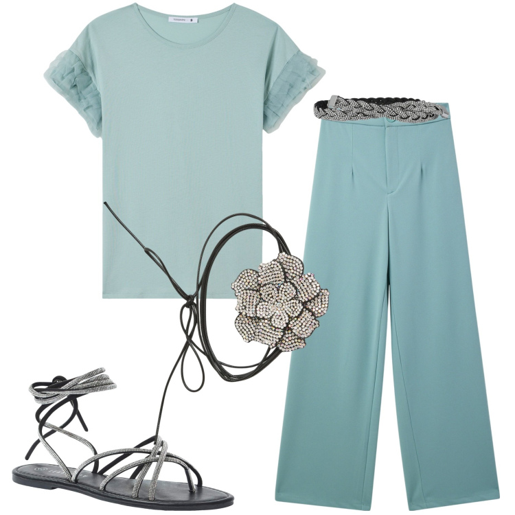 Outfit donna - Terranova. Stile Casual chic per Ufficio. Abbinamento con t-shirt, cinture, sandali alla schiava, pantaloni, collane.
