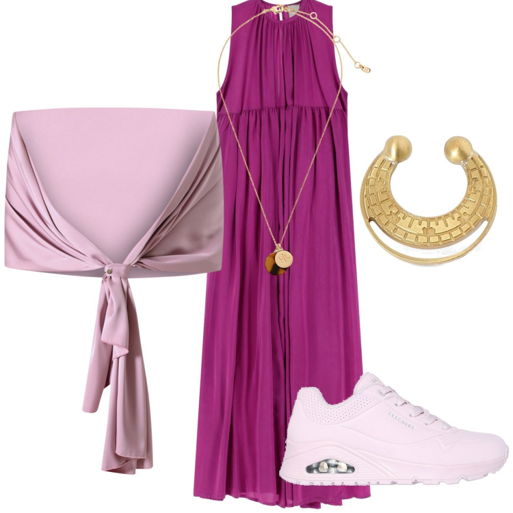 Outfit donna - Eleganza rilassata con abiti lunghi. Stile Minimal per Serata fuori. Abbinamento con scialli, vestiti lunghi, collane, orecchini, sneakers.