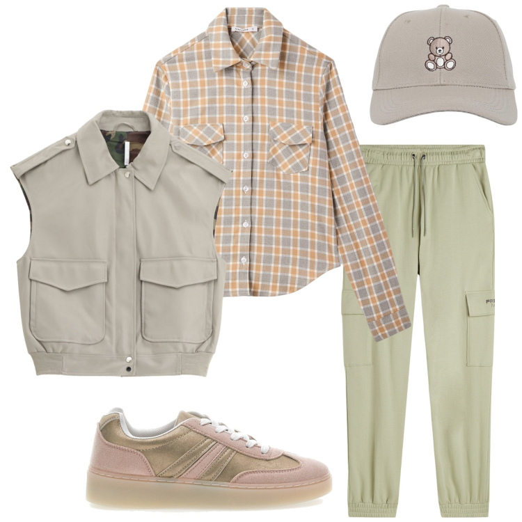 Outfit donna - Vacanza in montagna. Stile Casual per Tutti i giorni. Abbinamento con cappelli con visiera, camicie, gilet, pantaloni cargo, sneakers.