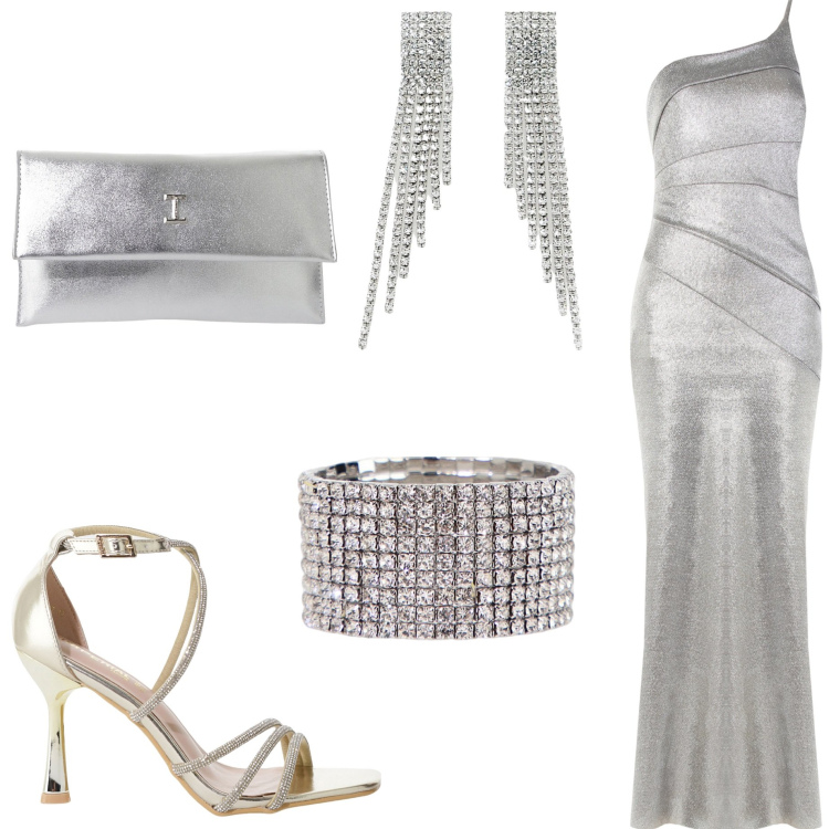 Outfit donna - Eleganza abito lungo. Stile Chic per Cerimonia. Abbinamento con sandali col tacco, pochette, orecchini, braccialetti, vestiti lunghi.