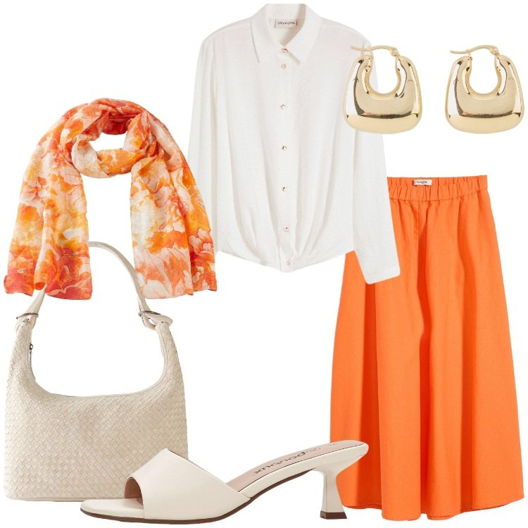 Outfit donna - Arancione caldo. Stile Bon Ton per Serata fuori. Abbinamento con ciabatte, orecchini, shopping bag, camicie, sciarpe, gonne longuette.