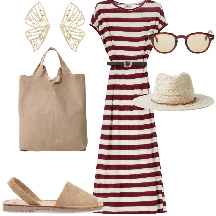 Outfit donna - Agosto. Stile Urban per Tutti i giorni. Abbinamento con cappelli, occhiali da sole, vestiti midi/longuette, shopping bag, orecchini, sandali.