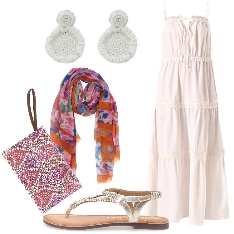 Outfit donna - Eleganza rilassata. Stile Boho per Serata fuori. Abbinamento con vestiti lunghi, orecchini, sandali, pochette, sciarpe.