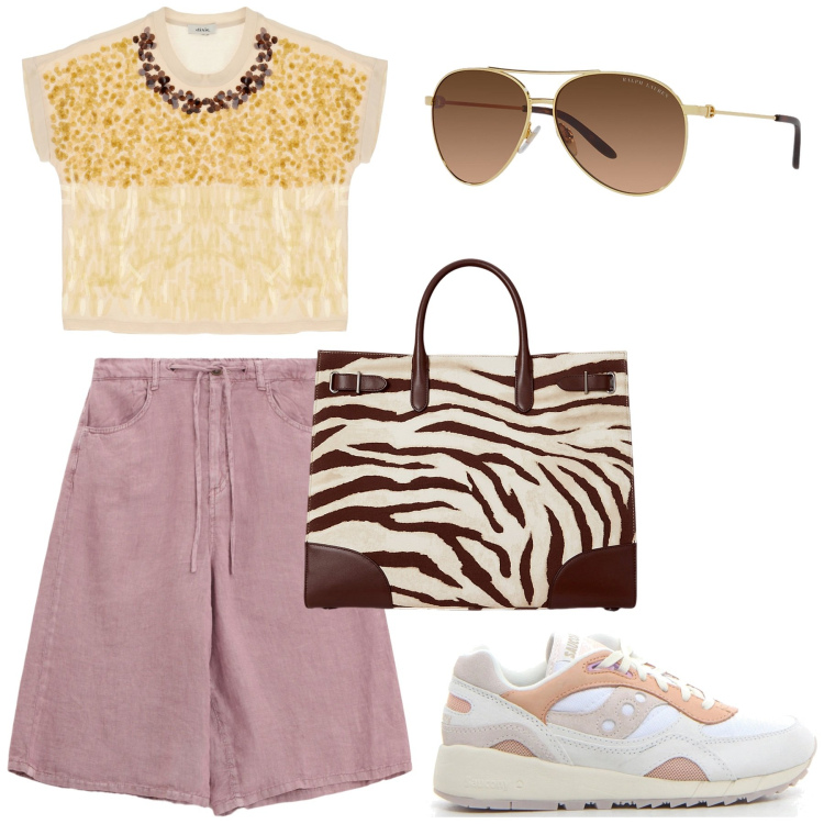 Outfit donna - Summer holiday. Stile Casual chic per Mare. Abbinamento con t-shirt, shorts, borse tote, occhiali da sole, sneakers.